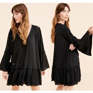FREE PEOPLE Can't Help It Plissé Bell Sleeve Mini Dress Black Size L